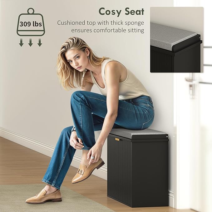 HOMCOM Narrow Shoe Bench with Padded Seat Cushion and Flip-Drawer, Small Entryway Bench Holds up to 265lb, Shoe Cabinet, 24.4x10.2x18.7 Inches, Black