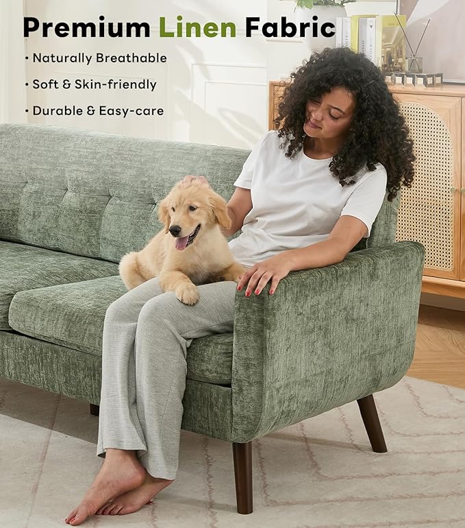 Tbfit 77.2" W Linen Sofa Couch, Mid Century Modern Decor Loveseat Couches for Living Room, Button Tufted Upholstered Small Couch for Bedroom, Solid, and Easy to Install Love Seats Furniture, Green