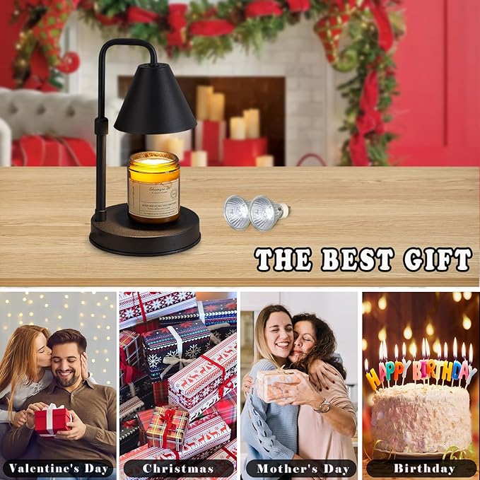 Candle Warmer Lamp with Timer,Adjustable Height Dimmable Candle Lamp,Electric Candle Warmer Lamp with 2 Bulbs,Candle Wax Warmer Compatible with Large Jar Candles,Gifts for Mom,Black