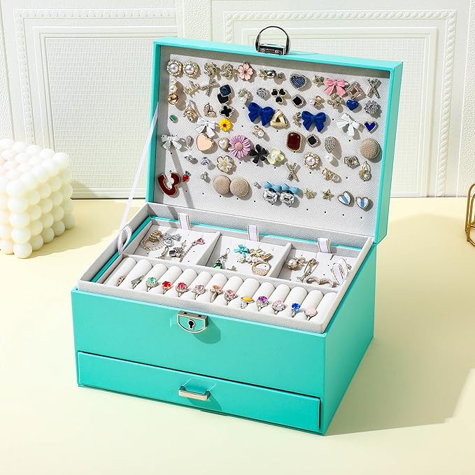 BOOVO Earring Jewelry Box For Women Girl Stud Organizer, 5 Layers Girl Jewelry Organizer Box With Lock Earring Holder Organizer Necklace Ring Jewelry Organizer Box For Girls (Turquoise Blue)
