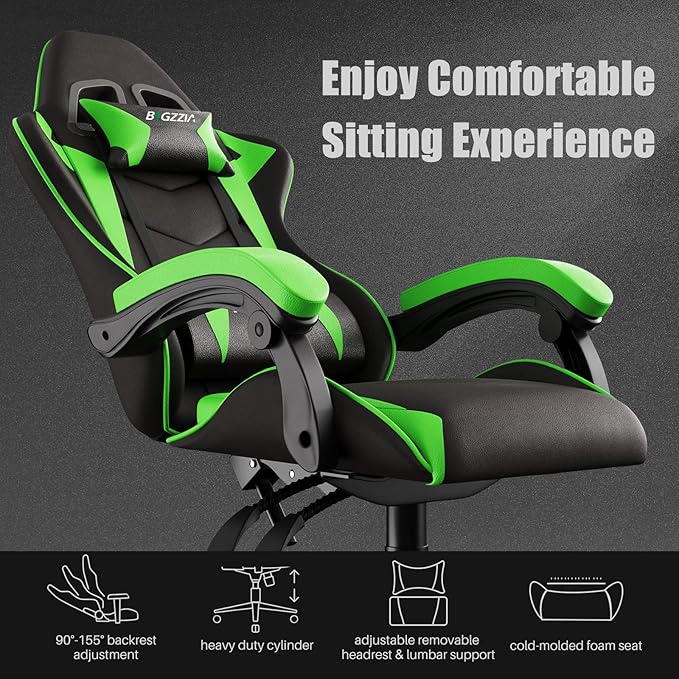 Gaming Chair High Back, Ergonomic Computer Gamer Chair with Headrest and Lumbar Support, Racing Style Reclining Game Chair for Adults, Kids (Green-Black)