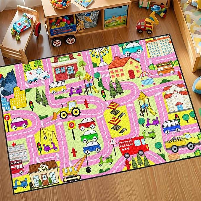 Car Track Rug - Car Rugs for Kids Toy Cars City Life Road Rug Large Kids Play Mat Car Carpet for Boys Girls Playroom Living Room Bedroom Classroom, 5'×7'