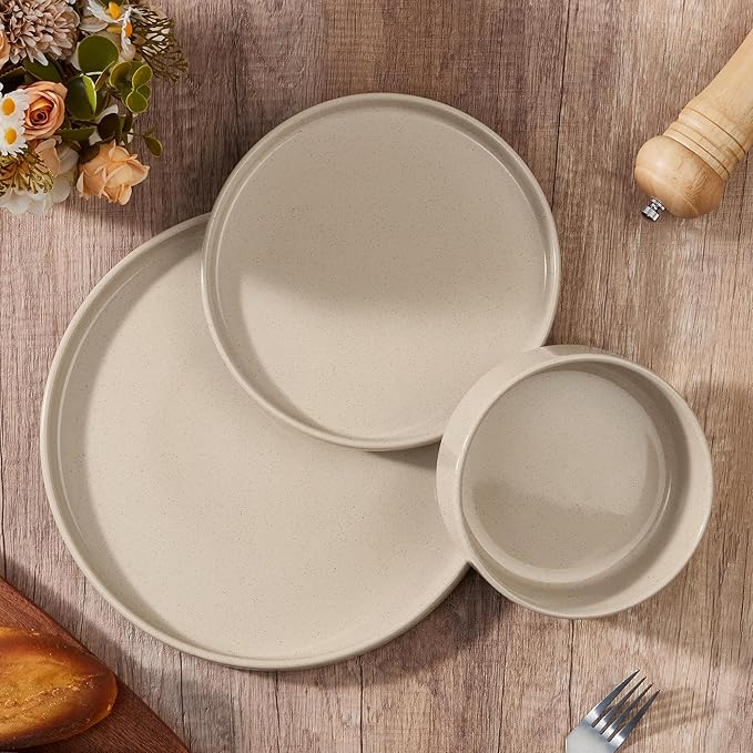E-far Stoneware Dinnerware Sets, 12-Piece Plates and Bowls Dish Set for 4, Kitchen Modern Dinning Ware, Chip and Scratch Resistant, Microwave & Dishwasher Safe, Speckled Khaki