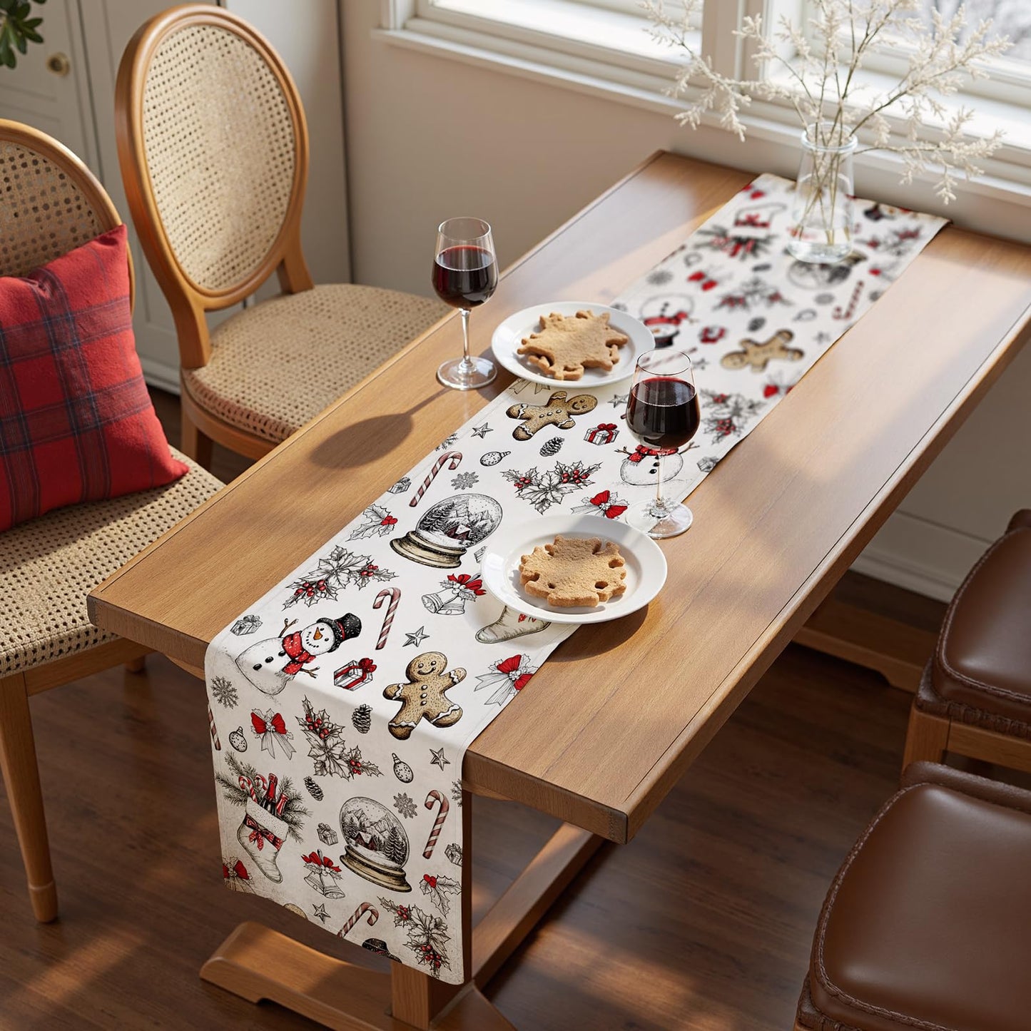 VIV CHERBL Christmas Table Runner with Snowmen, Gingerbread Men & Holiday Motifs, Table Decoration for Dining Party and Home Decor,72x13 inches