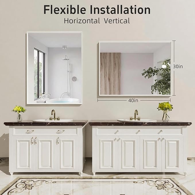 40” x 30” White Bathroom Mirrors for Over Sink, Rectangular Vanity Mirror, Metal Framed Decorative Mirror for Living Room, Bedroom, Tempered Glass, Anti-Rust, Horizontal/Vertical