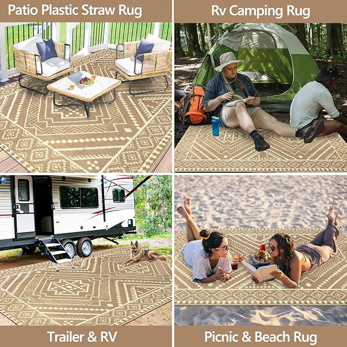 Waterproof Outdoor Rug 5x8 ft, Reversible Plastic Straw Mat, Large Floor Mat for Patio, Camping, Picnic, Backyard RV, Deck, Beige