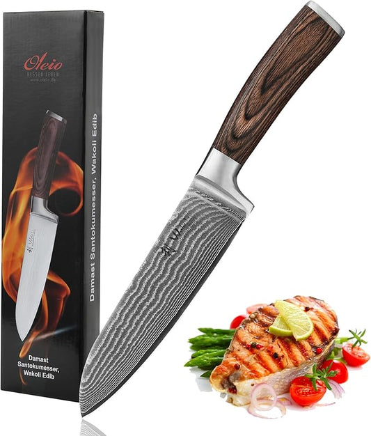 Wakoli 7-inch Damascus Santoku Knife - 67-Layer VG10 Core Steel, Razor Sharp Japanese Chef's Knife with Pakkawood Handle, for Meat, Vegetables & All Kitchen Tasks - Gift Box (EDIB)