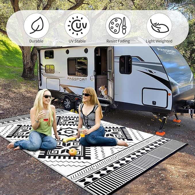 Waterproof Outdoor Rug 6x9ft, Boho Reversible Plastic Straw Mat for Patio RV Deck Porch Backyard Balcony Camping Picnic Beach Indoor Outdoor Carpet, Black&White