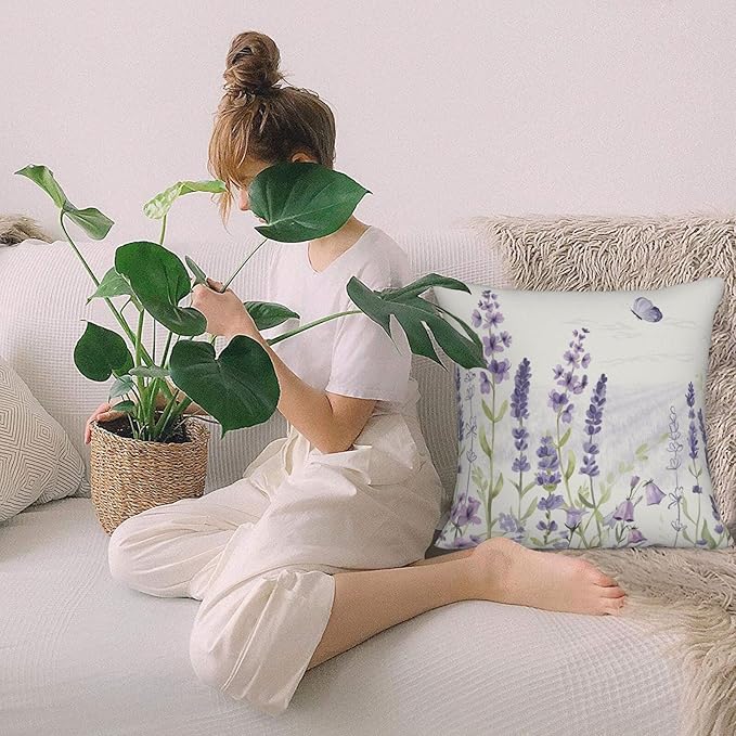 Spring Lavender Pillow Cover 20x20 Inch Set of 2, Purple Flowers Throw Pillow Covers Summer Watercolor Floral Decorations Linen Cushion Covers Farmhouse Home Decor for Sofa Couch Outdoor