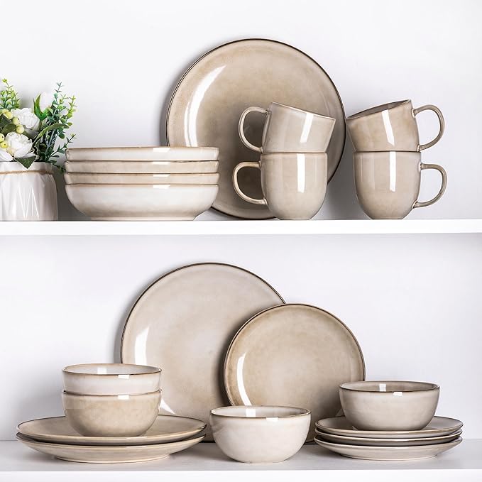 AmorArc Stoneware Dinnerware Sets for 6, 18 Pieces Handpainted Ceramic Plates and Bowls Set, Scratch Resistant Dishes Set, Dishwasher & Microwave Safe, Cappuccino