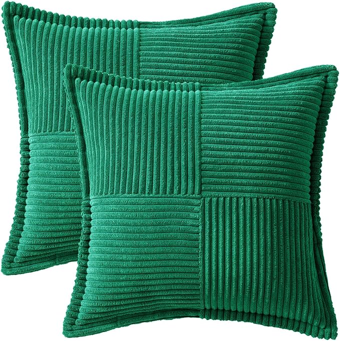 MIULEE Christmas Decorative Throw Pillow Covers for Couch Bed Livingroom 18x18 Inch Set of 2 Emerald Green Boho Accent Throw Pllows Broadside Striped Patchwork Soft Corduroy Pillowcases