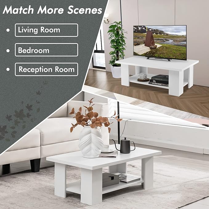 Tangkula 2-Tier Coffee Table, Modern Rectangular Center Cocktail Table with 5 Support Legs, Wooden Accent Living Room Furniture, Small Coffee Table for Small Spaces, Easy Assembly (White)