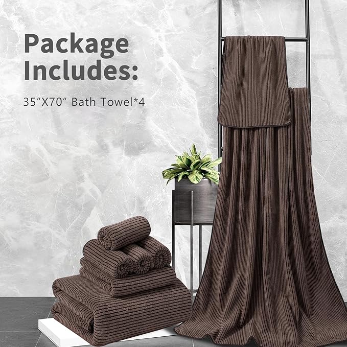 4 Piece Bath Towel Set 35"x70"Oversized Bath Towel for Bathroom Ultra Soft Fluffy Extra Large Bath Sheet Luxury Premium Bathroom Towel Highly Absorbent Quick Dry Shower Towel for Hotel Spa,Brown