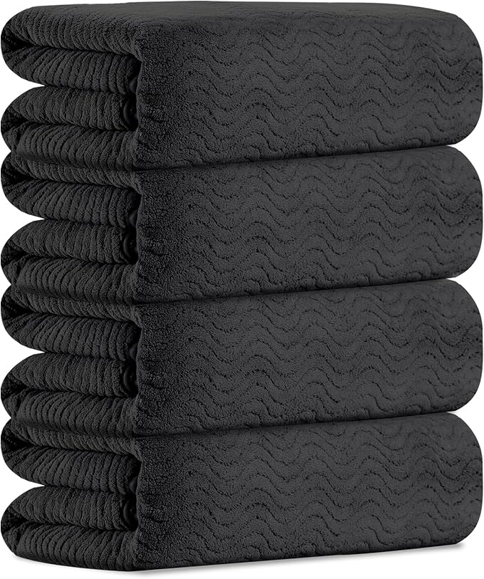 Black Bathroom Towels Set Of 4, 35x70 Inches Oversized Bath Towels Extra Large Microfiber Shower Towels Textured Ultra Soft Absorbent Quick Dry Towel Bath Sheets Towels For Adults Bathroom Hotel Spa