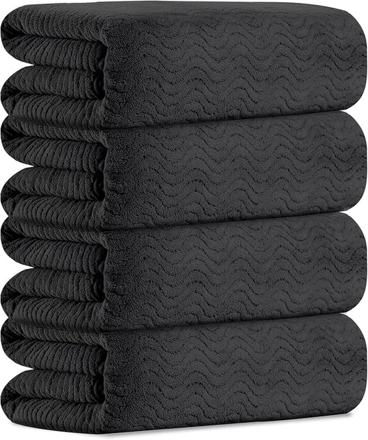 Black Bathroom Towels Set Of 4, 35x70 Inches Oversized Bath Towels Extra Large Microfiber Shower Towels Textured Ultra Soft Absorbent Quick Dry Towel Bath Sheets Towels For Adults Bathroom Hotel Spa