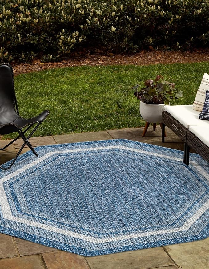 Unique Loom Outdoor Border Collection Area Rug - Soft Border (5' 3" Octagon, Blue/ Ivory)