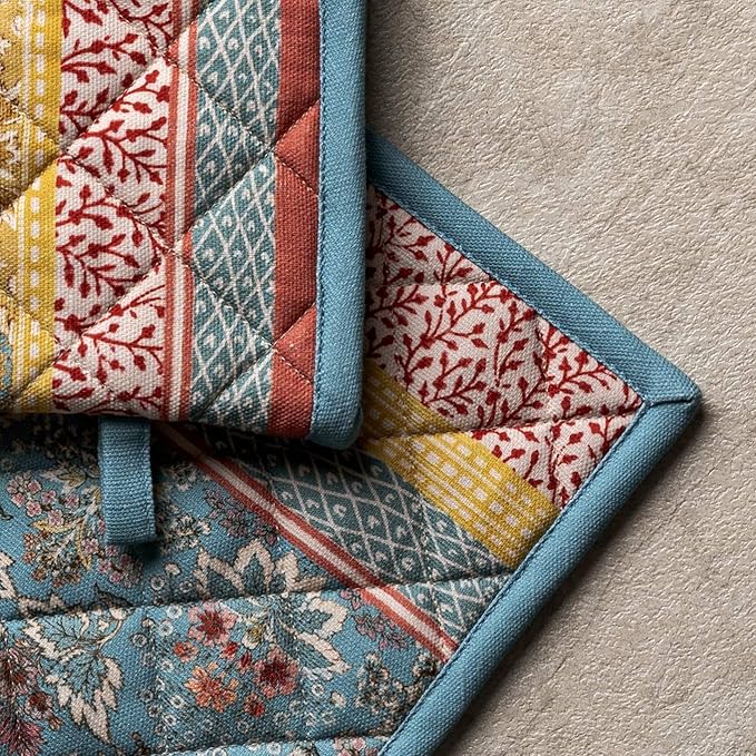 Maison d' Hermine 100% Cotton Oven Mitt & Pot Holder Set (7.5"x13" & 8"x8") Heat Resistant BBQ Cooking Gloves with Loop, Baking, Grilling, Kitchen, Handling Hot Pans Spring/Summer (Marquise)