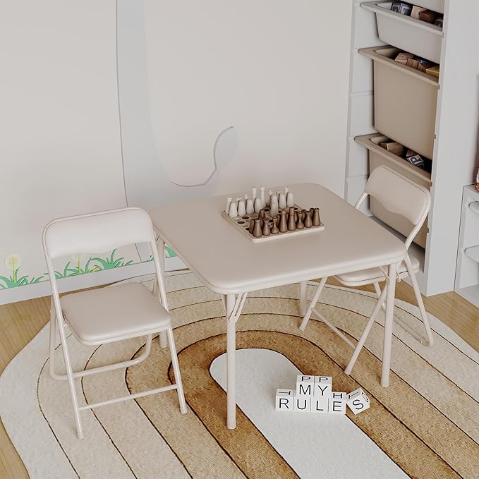 GarveeHome Boys and Girls Folding Table and Chair Set of 3, Featuring a Portable Table and Chairs with Soft Pu Cushions. No Assembly is Required, Perfect for Eating, Reading and Playing,Beige.
