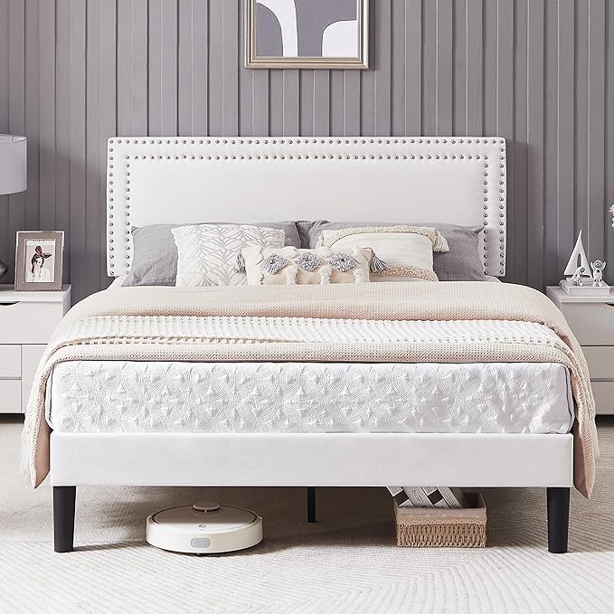 VECELO Full Size Bed Frame with Adjustable Upholstered Headboard, Wooden Slats Platform, Noise-Free Design, No Box Spring Needed, Easy Assembly