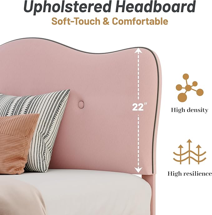 Twin Size Bed Frame, Upholstered Bed Frame with Headboard, Platform Bed Frame with Wood Slats Support, No Box Spring Needed, Adjustable Height Headboard, Pink