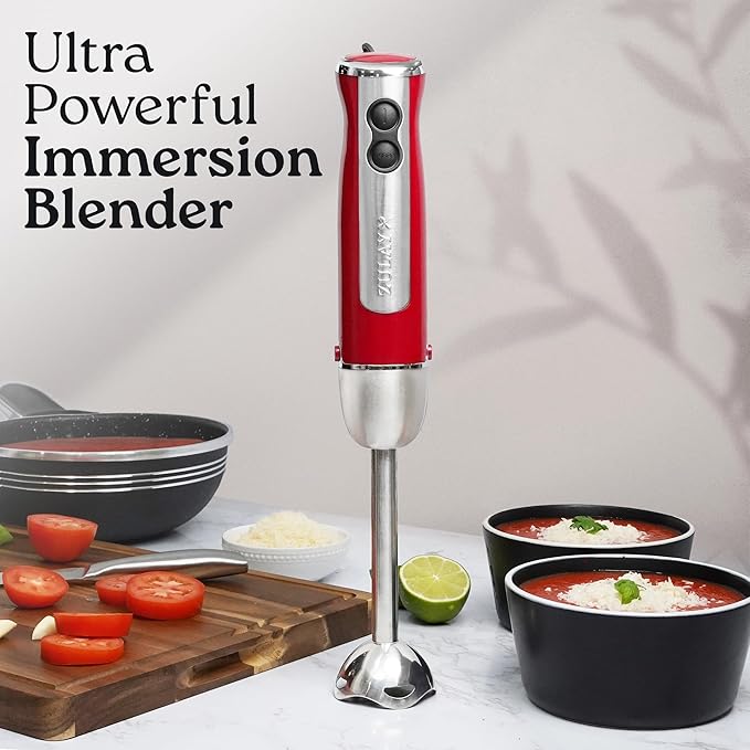Zulay Immersion Stick Mixer Hand Blender - 800 Watts, Turbo Mode, 5-ft Power Electric Cord, Handheld Portable, Stainless Steel Blades - For Effortless Blending Smoothie, Soup, Baby Food, Puree - Red