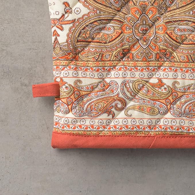 Maison d' Hermine 100% Cotton Oven Mitt & Pot Holder Set (7.5"x13" & 8"x8") Heat Resistant BBQ Cooking Gloves with Loop for Thanksgiving Christmas Decorations Handling Hot Pans (Kashmir Paisley)