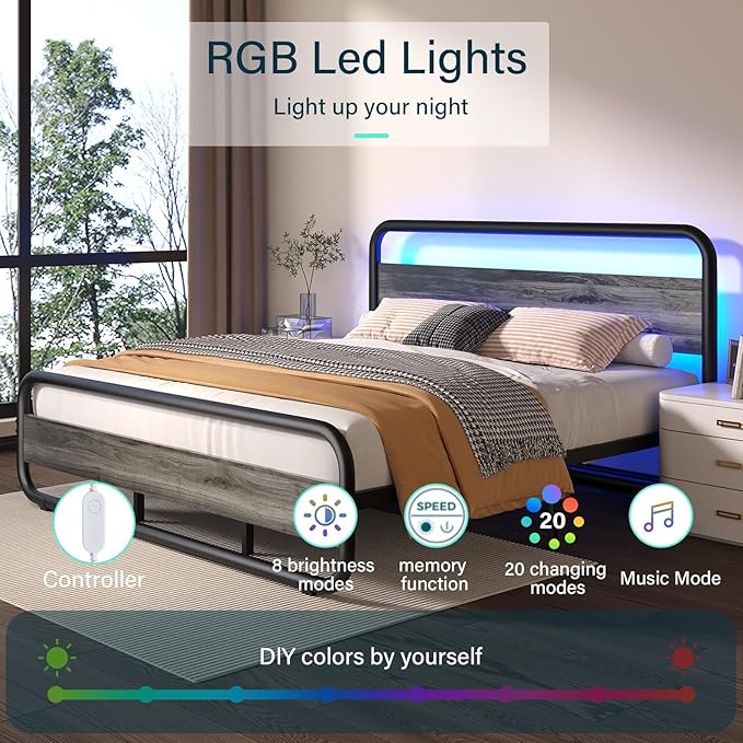 Catrimown King Size Bed Frame, Metal Bed Frame with LED Wood Headboard and, Heavy Duty Platform Bed with Under Bed Storage, Noise Free, No Box Spring Needed, Wash Gray