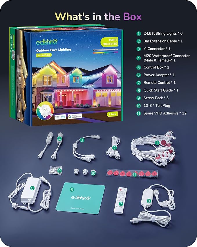 EDISHINE 150FT Cuttable Permanent Outdoor Lights PRO, 90 LED Smart RGB+IC+Warm White Eave Light, 111+ Scene Modes, App/Remote Contrtol, IP67 Waterproof for House Year-Round Decor, Alexa Google Enable