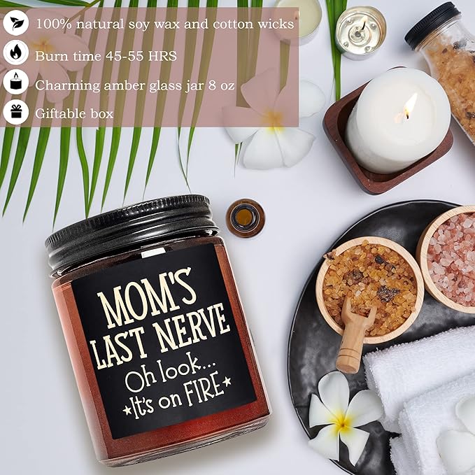 Best Mom Gifts from Daughter, Son - Fun Relaxing Candle - Funny Birthday Gifts for Women, Her, Wife, Stepmother, New Mom - Mom's Last Nerve Natural Soy Wax Candle - Mothers Day, Thanksgiving