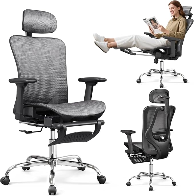 DEVAISE Ergonomic Mesh Office Desk Chair, Retractable Footrest and Adjustable Lumbar Support, Comfy High Back Reclining Computer Gaming Chair, Tilt Function, Heavy Duty, SGS Class 4 Gas Lift, Grey