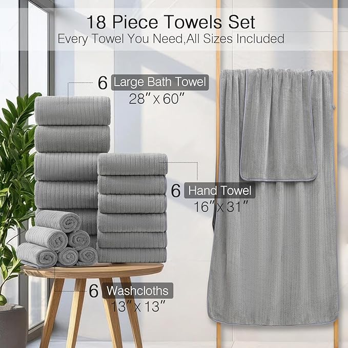 18 Piece Family Bath Towel Set Include 6 Bath Towels,6 Hand Towels and 6 Washcloths Soft Bathroom Towel with Hanging Loops,Highly Absorbent Quick Dry Towels Set for Bathroom,Hotel and Spa-Grey