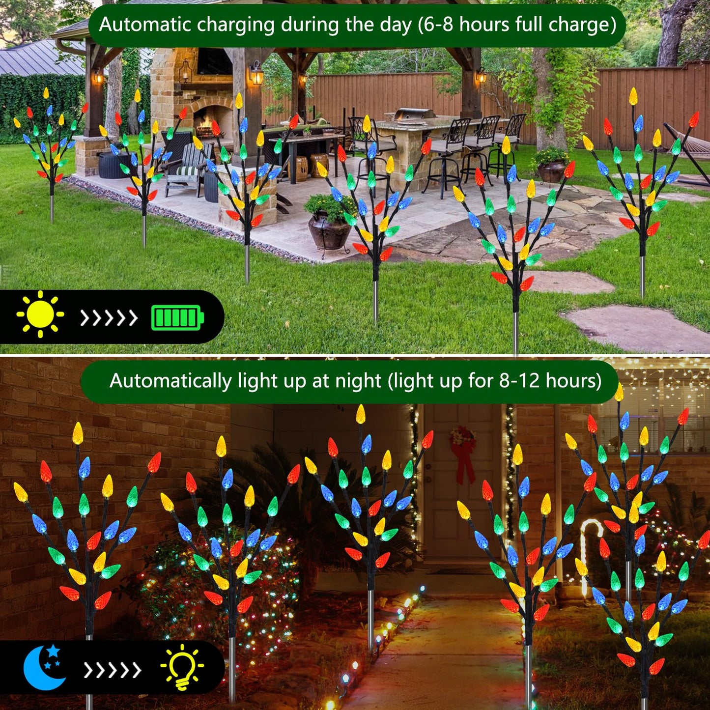 Upgraded 6 Packs 120 LED C6 Solar Christmas Lights, Christmas Decorations Outdoor Yard Lights, 8 Modes Waterproof Pathway Lights for Xmas Decorations Outdoor Yard Patio Cemetery Grave