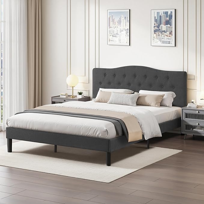 VECELO Queen Size Bed Frame Upholstered Platform with Tufted Adjustable Headboard/Mattress Foundation Wood Slat Support/Easy Assembly,Grey
