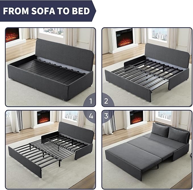 Queen Size Sofa Bed, Pull Out Sofa Bed with Cushions & Throw Pillows, Linen Couch Beds, Modern Convertible Sleeper Sofas Beds, Loveseat for Living Room for Small Spaces - Dark Grey