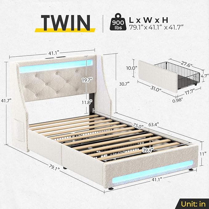 Rolanstar Twin Bed Frame with LED Lights and Charging Station, Upholstered Bed with Drawers, Wooden Slats, Noise Free, Easy Assembly, Beige