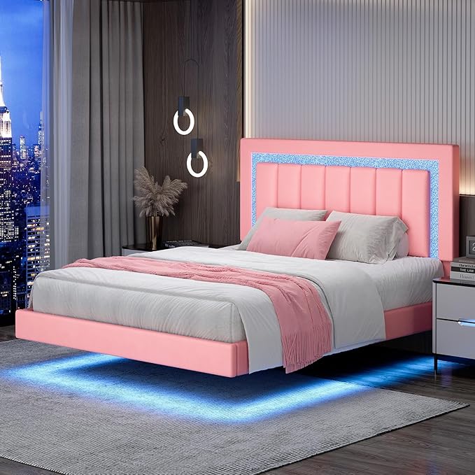 HOMBCK Floating Bed Frame Full with Smart LED Lights, Faux Leather Upholstered Platform Bed with Diamond PU Headboard, No Box Spring Needed, Noise-Free, Easy Assembly, Pink