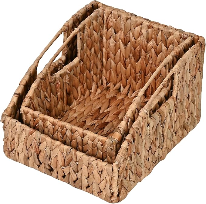 happimess BSK1007A-2SET Havanah Southwestern Hand-Woven Hyacinth Slanted Nesting Wicker Baskets with Handles, Seagrass Container for Decoration in Living Room, Bedroom, Closet, Natural (Set of 2)