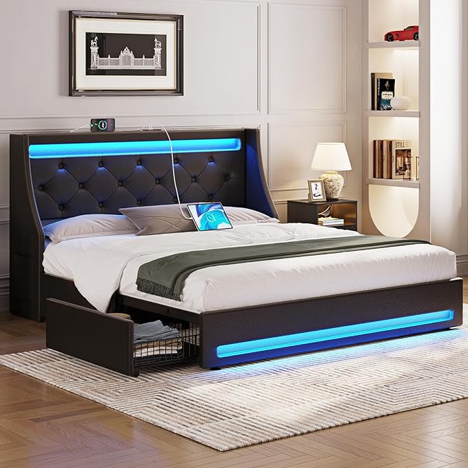 Rolanstar Queen Bed Frame with LED Lights and Charging Station, PU Leather Bed with Drawers, Wooden Slats, Noise Free, Easy Assembly, Black