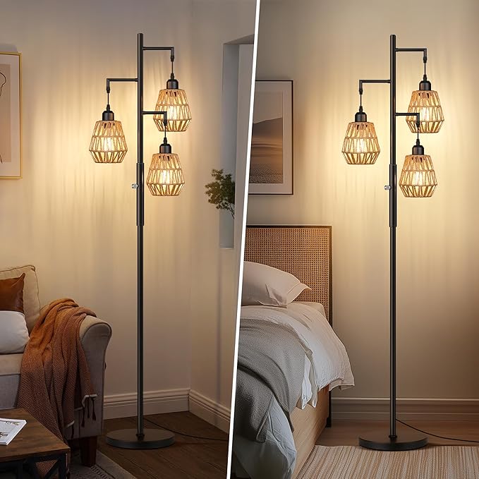 QiMH Farmhouse Floor Lamps for Living Room, Industrial Standing Lamp with 3-Lights Boho Rattan Shades, 68" Modern Rustic Tree Tall Lamps for Bedroom Office, Rotary Switch, 3 LED Bulbs Included