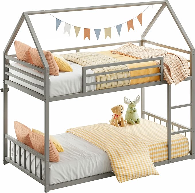 LIKIMIO Bunk Bed Twin Over Twin, House Bunk Bed Frame with Ladder and Guardrail, House Shaped with Metal Slats for Dormitory and Bedroom, Space Saving, No Box Spring Needed, Grey