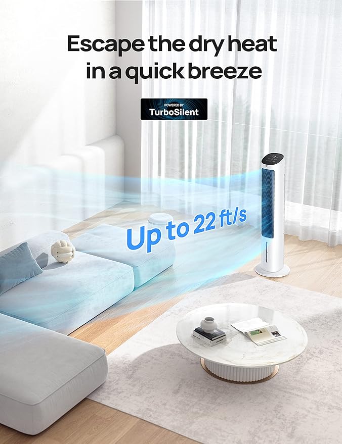 Dreo Tower Fan for Bedroom, 40" Evaporative Air Cooler, Cooling Fans That Blow Cold Air with 80° Oscillating, Removable Water Tank, 3 Modes 4-Speed, Remote Control, Quiet Floor Fan, White and Black