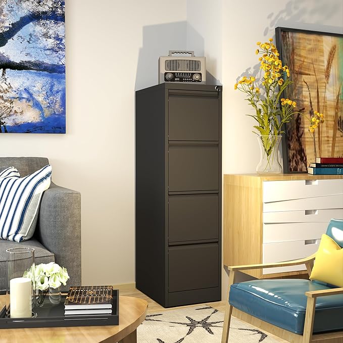 AQY 4 Drawer File Cabinet with Lock, Metal Filing Cabinets for Home Office, 18" Deep Vertical Storage Drawer for Hanging A4/Letter/Legal Size Files, Assembly Require