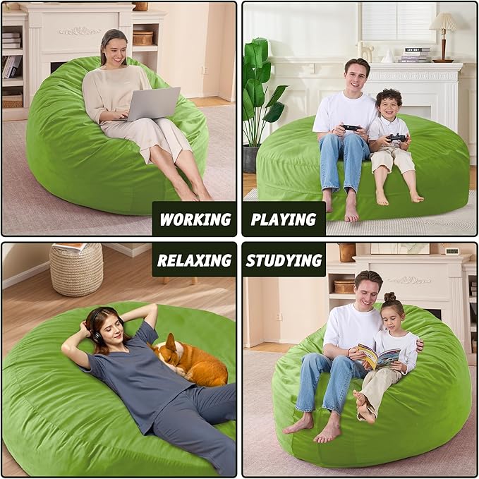 7FT Bean Bag Chair with Ultra Soft Velvet Cover Bean Bag Sofa with Memory Foam Bean Bag Chairs with Large Size Lazy Sofa for Dorm Office Living Room Bedroom Grass Green 7'