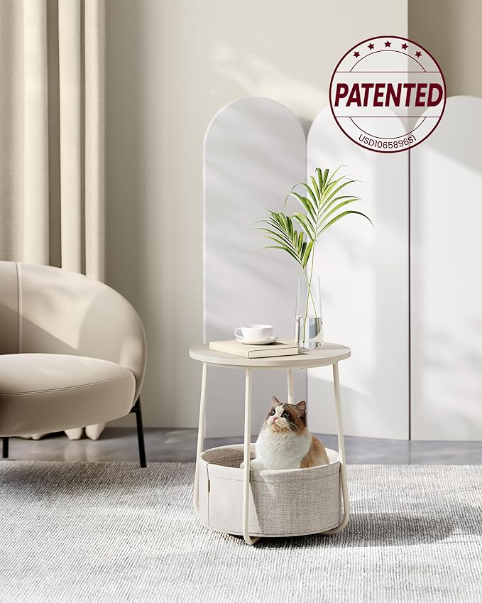 VASAGLE Small Round Side End Table, Modern Nightstand with Fabric Basket, Cream White ULET223K67