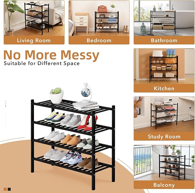 4 Tier Bamboo Shoe Rack Storage Organizer for Closet, Multifunctional Stackable Free Standing Shoe Shelf Organizer for Small Space,Entryway, Hallway, Bathroom27 x11 x26(Black, 4 Tier)