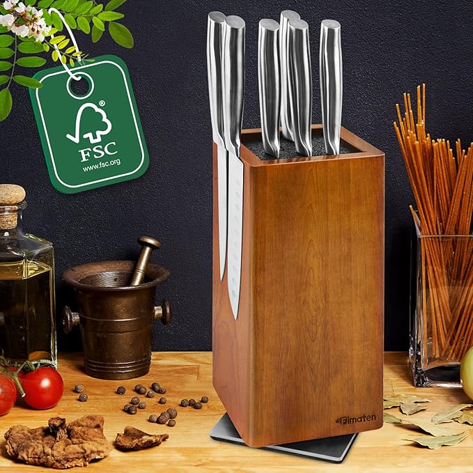 universal magnetic knife block without knives-360° rotatable magnetic knife holder made of fine acacia wood, Extra large magnet knife storage for knives and utensils for a quality kitchen life