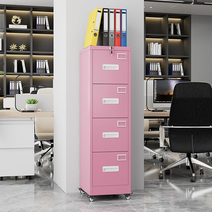 Aobabo 56" H 4 Drawer Moblie Office File Cabinet with Lock, Rolling Metal Filing Storage Cabinet, Legal/Letter A4 Size, Pink, Assembly Required