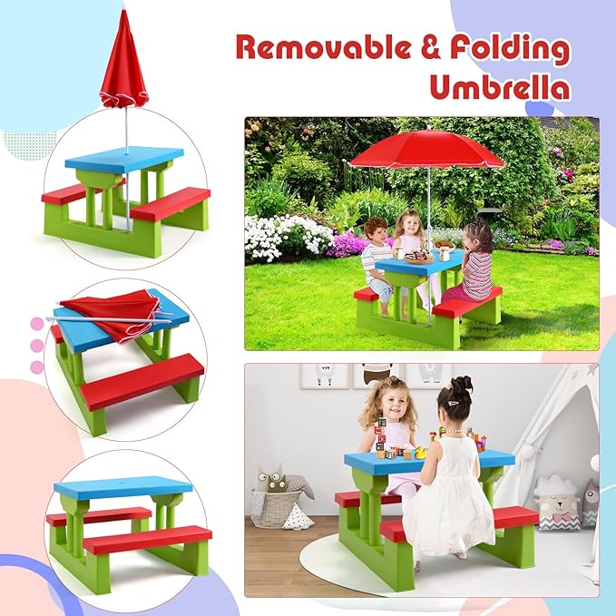 DORTALA Kids Picnic Table, Outdoor Toddler Table and Bench Set with Removable Umbrella, Plastic Kids Activity Table Set for Backyard, Garden, Nursery, Gift for Boys Girls Age 3+, Red