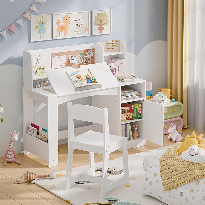 Kids Study Desk with Chair and Tiltable Desktop, Kids Stud Des and Chair Set with Hutch&Storage Cabinet, Wooden Children Study Table for 5-12 Years Old, Student Writing Desk for Bedroom (White)
