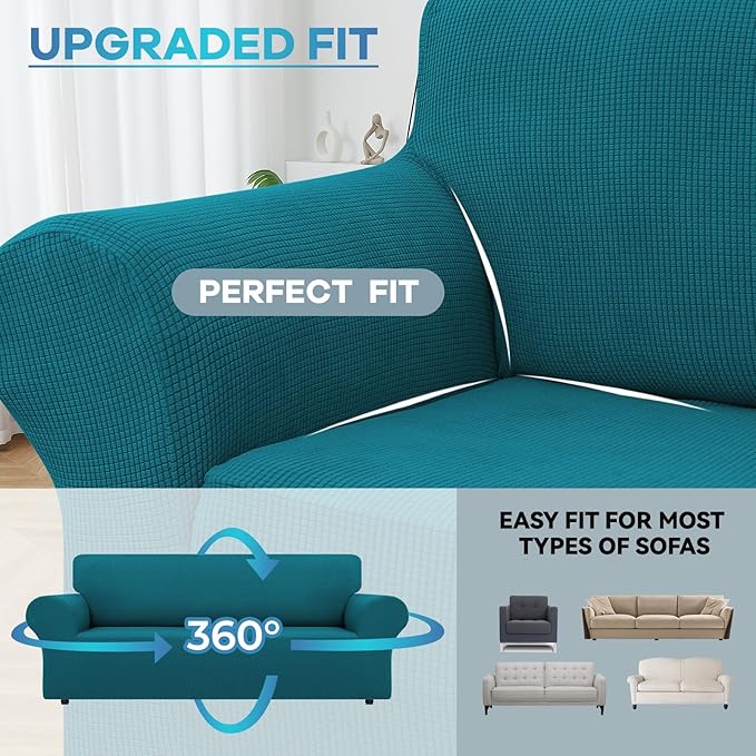 LURKA Stretch Sofa Slipcovers 1 Piece Couch Covers for 3 Cushion Couch Sofa Furniture Protector Full Sofa Covers with Elastic Bottom for Kids and Dog (Large, Peacockblue)
